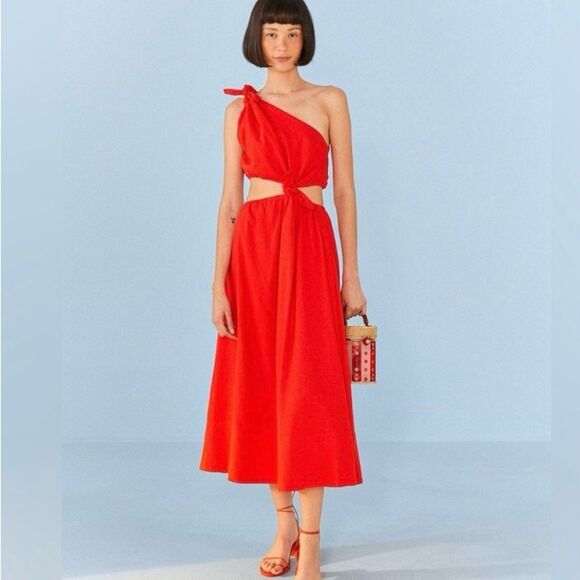 NEW FARM Rio Red Midi Knot Dress Linen Cutout Elastic Waist Asymmetrical Size XL - Picture 5 of 13